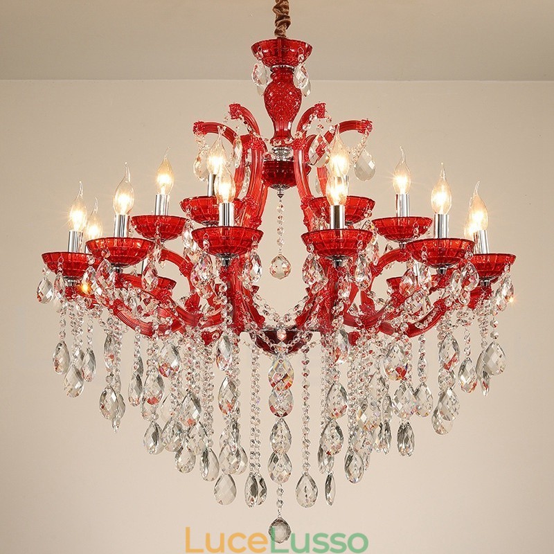 Lampadario a candela di cristallo di lusso multicolore da 18 (12+6) luci con cristallo trasparente