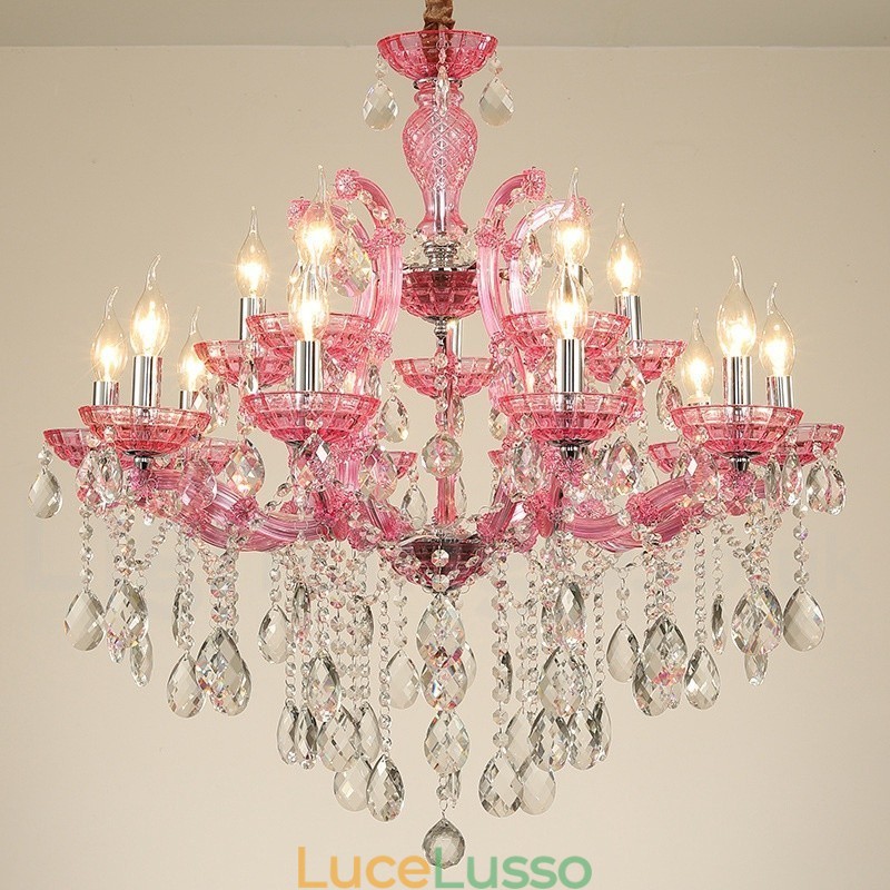 Lampadario a candela di cristallo di lusso multicolore da 18 (12+6) luci con cristallo trasparente