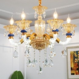 Lampadario moderno contemporaneo a 6 luci con candela color champagne e cristallo