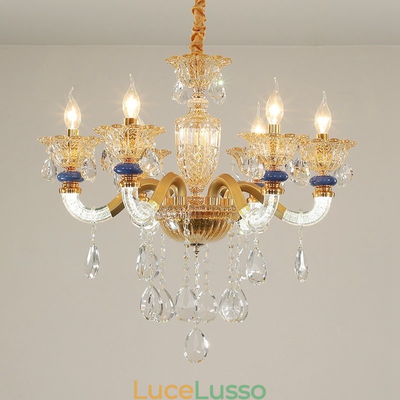 Lampadario moderno contemporaneo a 6 luci con candela color champagne e cristallo