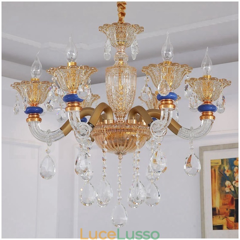 Lampadario moderno contemporaneo a 6 luci con candela color champagne e cristallo