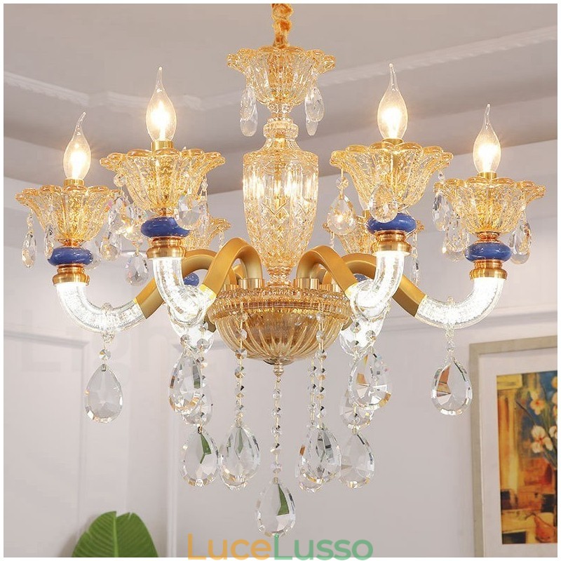 Lampadario moderno contemporaneo a 6 luci con candela color champagne e cristallo
