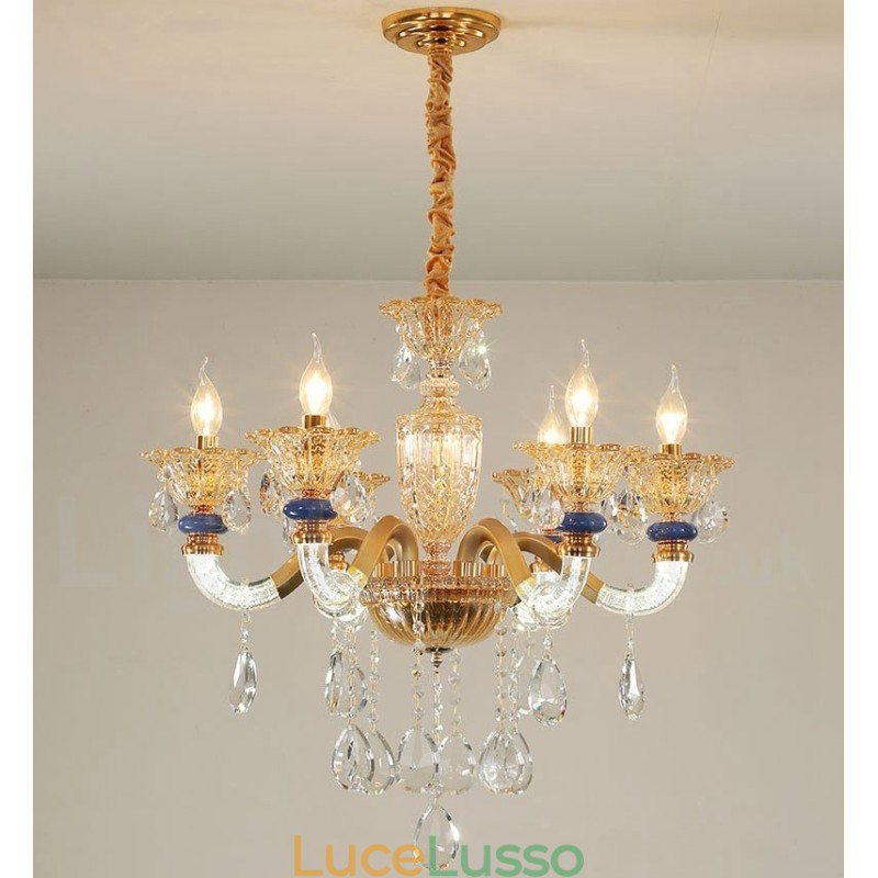 Lampadario moderno contemporaneo a 6 luci con candela color champagne e cristallo