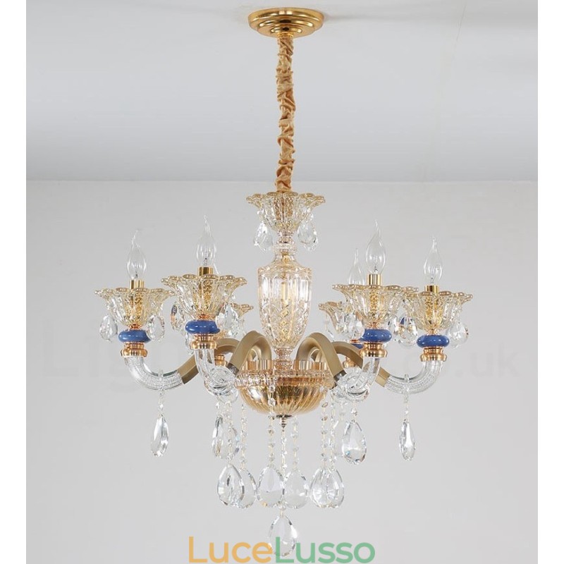 Lampadario moderno contemporaneo a 6 luci con candela color champagne e cristallo