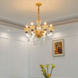Lampadario moderno contemporaneo a 6 luci con candela color champagne e cristallo