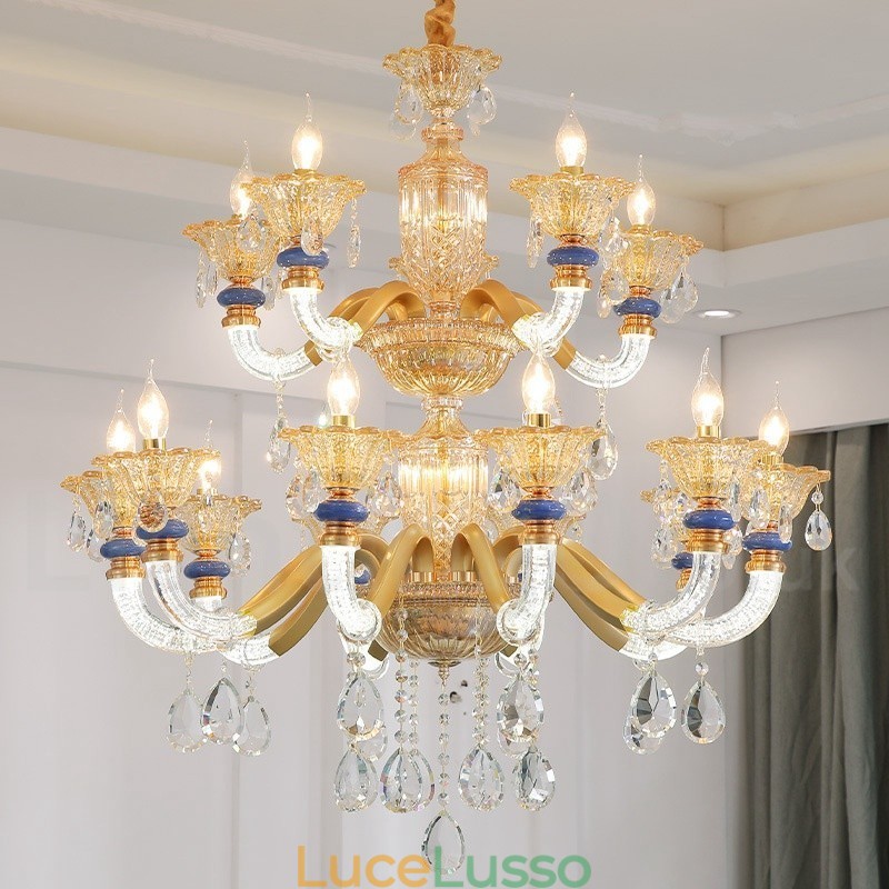 Lampadario moderno contemporaneo a 15 luci (10+5) con candela in cristallo