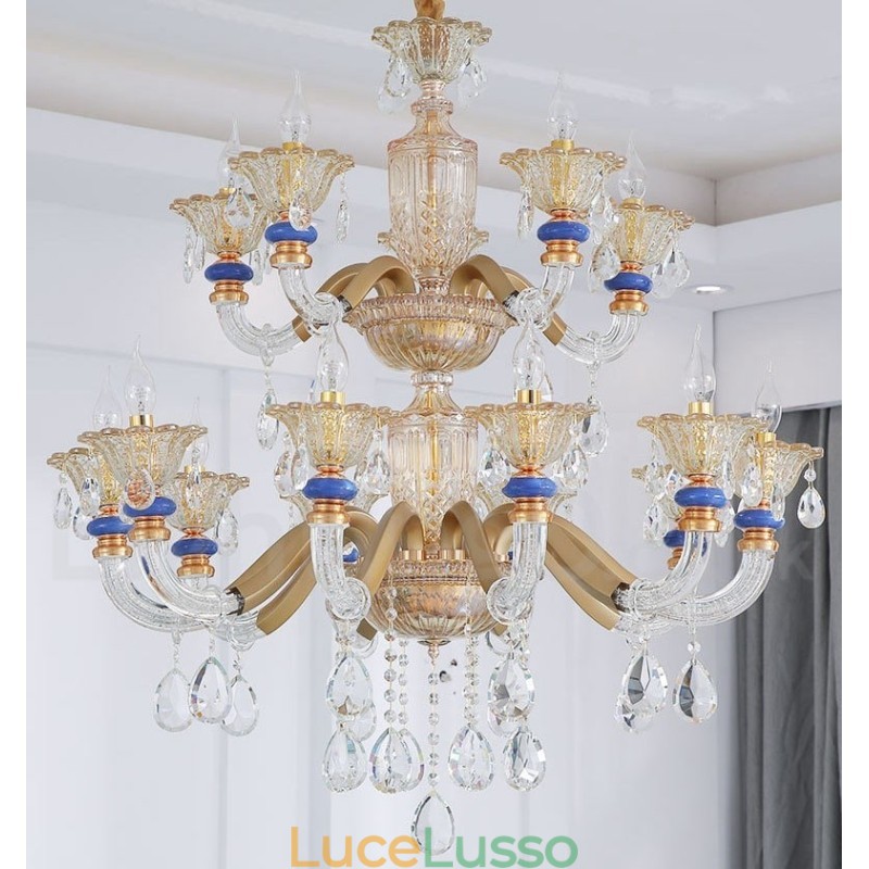 Lampadario moderno contemporaneo a 15 luci (10+5) con candela in cristallo