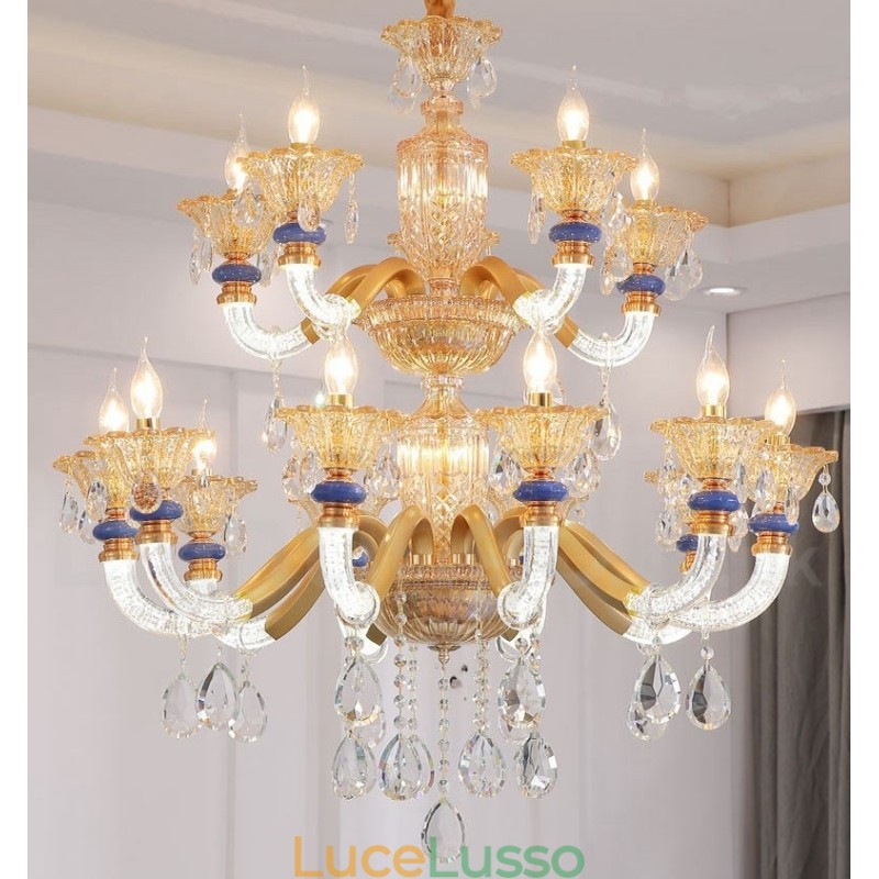 Lampadario moderno contemporaneo a 15 luci (10+5) con candela in cristallo