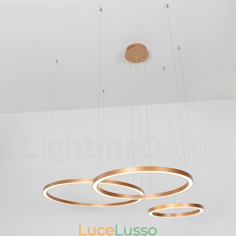 Lampada a sospensione moderna in lega di alluminio con 3 anelli, dimmerabile, oro rosa, Wi-Fi, contemporanea, con paralume in acrilico