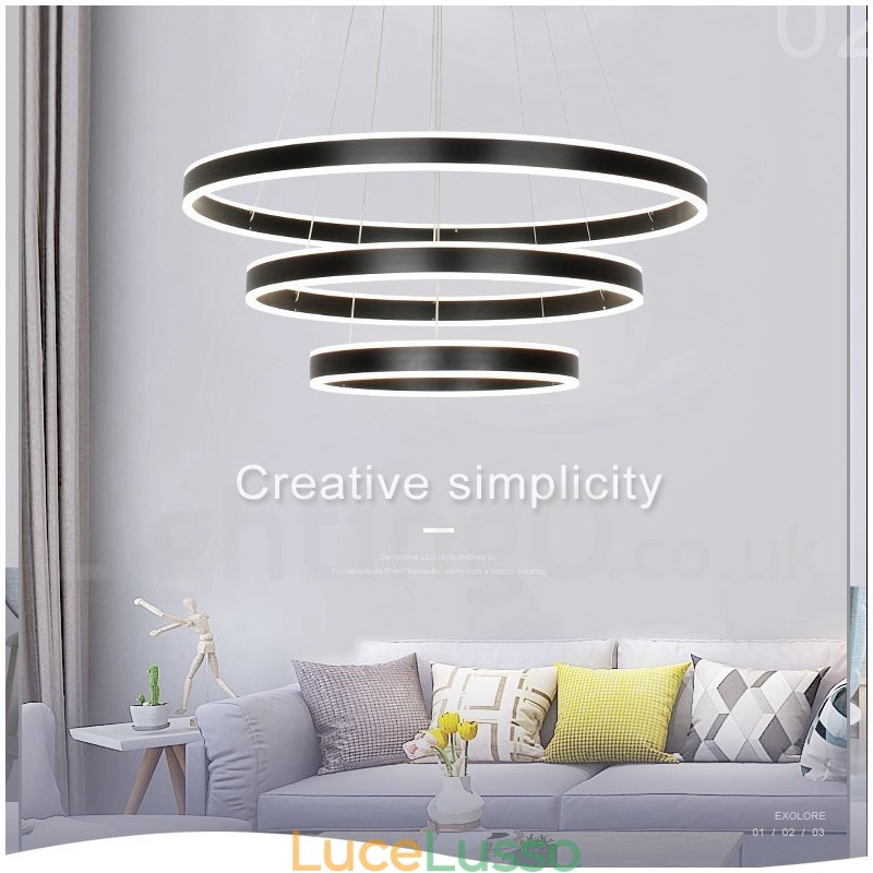 Lampada a sospensione moderna contemporanea con 3 anelli e due strisce Wi-Fi Smart dimmerabile con paralume in acrilico