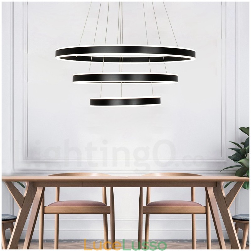 Lampada a sospensione moderna contemporanea con 3 anelli e due strisce Wi-Fi Smart dimmerabile con paralume in acrilico