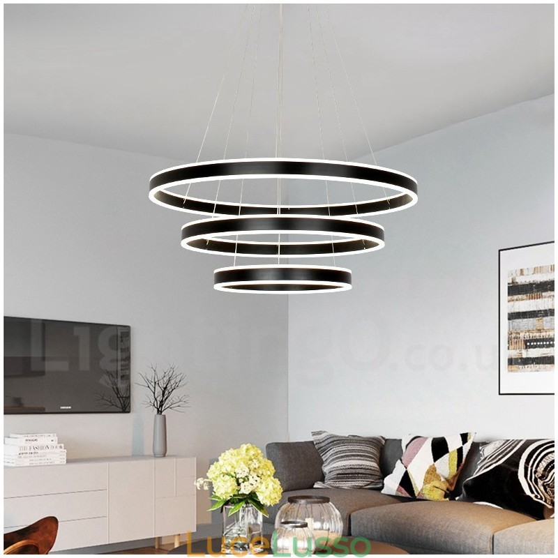 Lampada a sospensione moderna contemporanea con 3 anelli e due strisce Wi-Fi Smart dimmerabile con paralume in acrilico