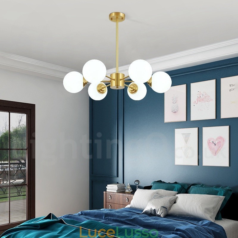 Lampadario a forma di fagiolo in ottone puro da 6 luci, lampada a sospensione moderna in metallo con molecole in Europa settentrionale