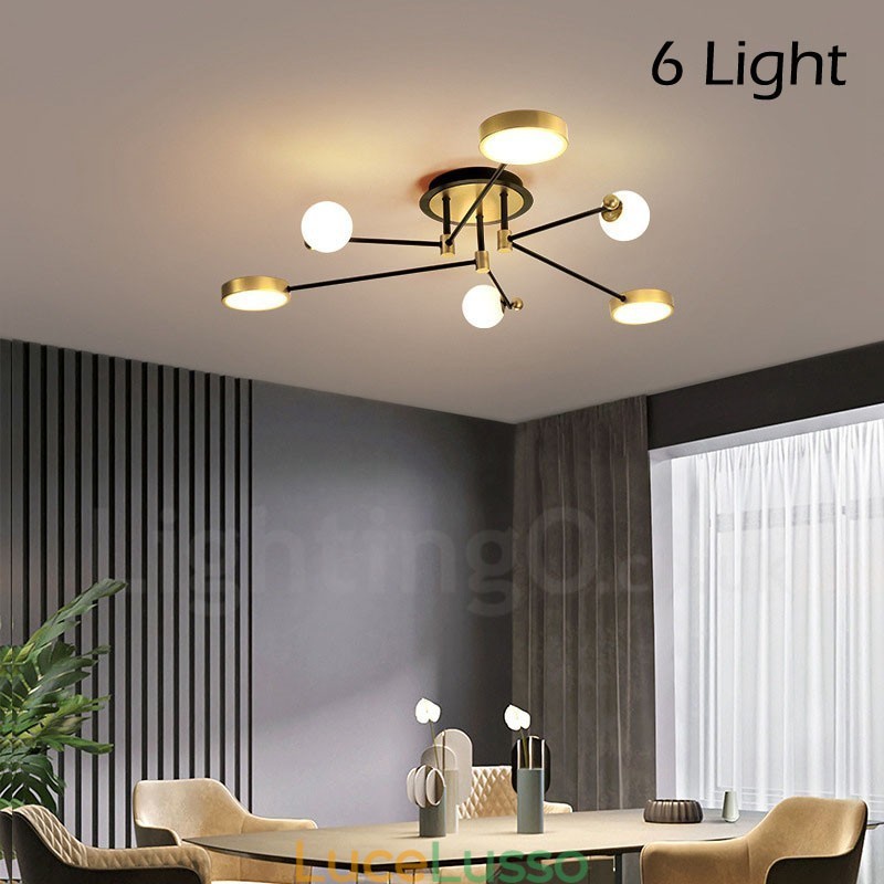 Lampadario moderno in metallo con soffitto nero oro