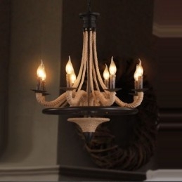 Lampadario a sospensione in corda di canapa in stile industriale con 8 candele