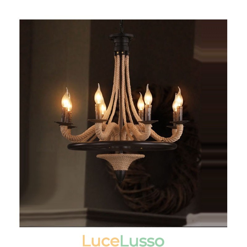 Lampadario a sospensione in corda di canapa in stile industriale con 8 candele