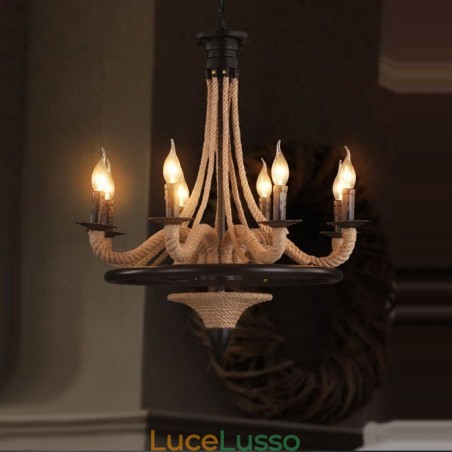 Lampadario a sospensione in corda di canapa in stile industriale con 8 candele Lampadario a sospensione in corda di canapa in stile industriale con 8 candele