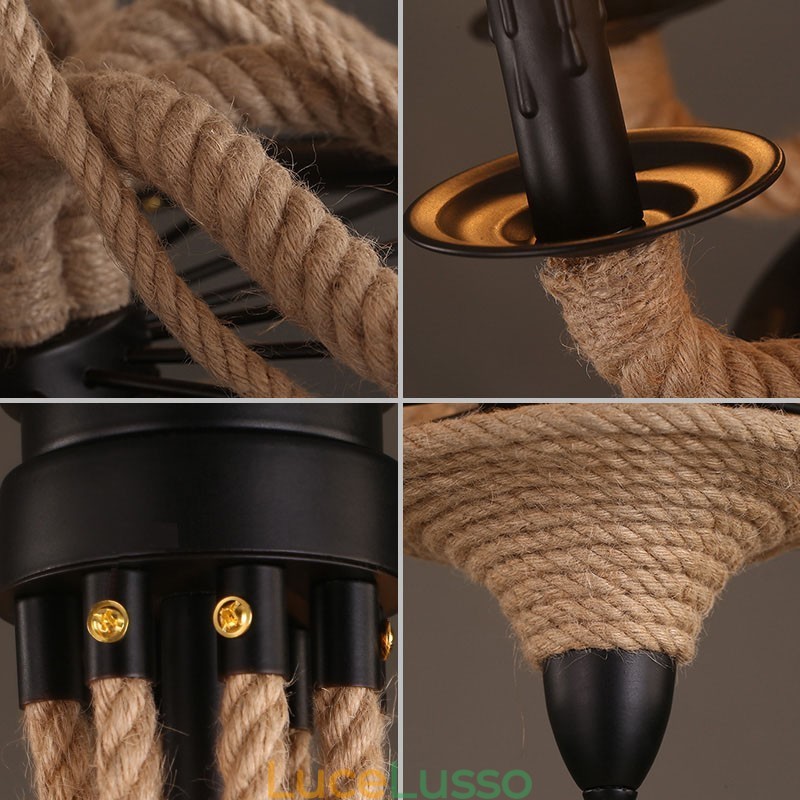 Lampadario a sospensione in corda di canapa in stile industriale con 8 candele