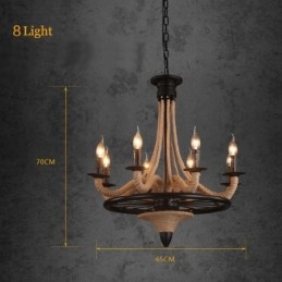 Lampadario a sospensione in corda di canapa in stile industriale con 8 candele