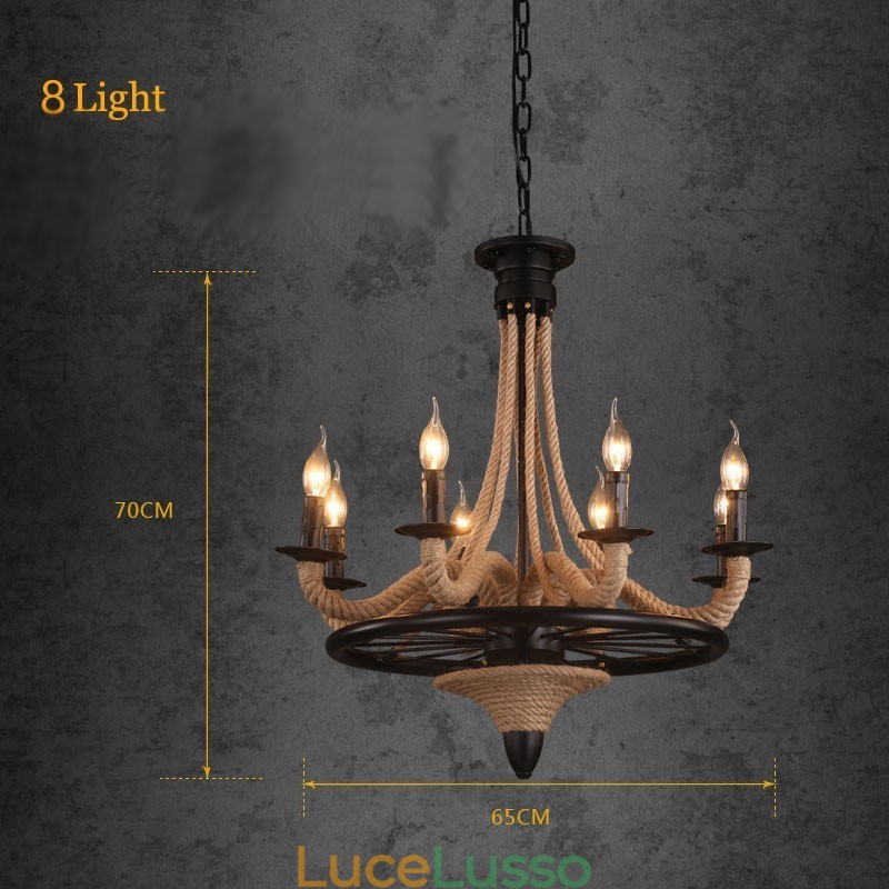 Lampadario a sospensione in corda di canapa in stile industriale con 8 candele