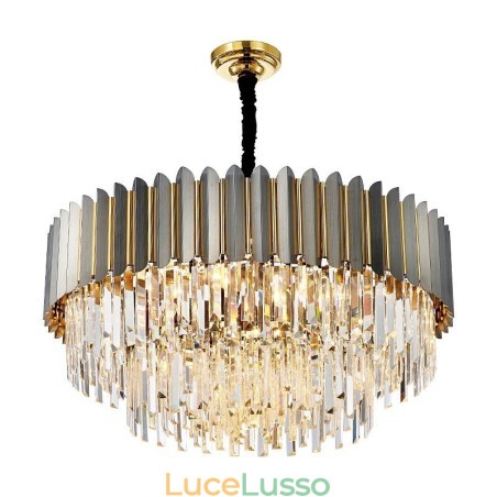Lampadario di cristallo rotondo K9 postmoderno di lusso nero e oro, sala espositiva Lampadario di cristallo rotondo K9 postmoderno di lusso nero e oro, sala espositiva