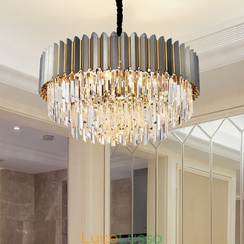 Lampadario di cristallo rotondo K9 postmoderno di lusso nero e oro, sala espositiva