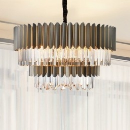 Lampadario a sospensione in cristallo K9 rotondo nero e oro postmoderno di lusso a due livelli