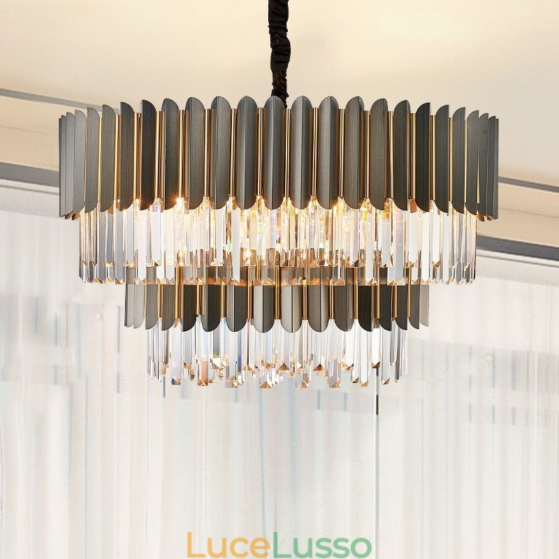 Lampadario a sospensione in cristallo K9 rotondo nero e oro postmoderno di lusso a due livelli