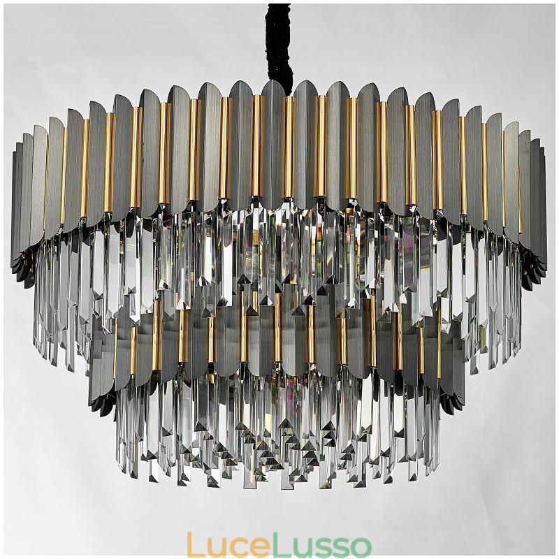 Lampadario a sospensione in cristallo K9 rotondo nero e oro postmoderno di lusso a due livelli