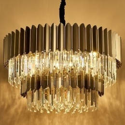 Lampadario a sospensione in cristallo K9 rotondo nero e oro postmoderno di lusso a due livelli