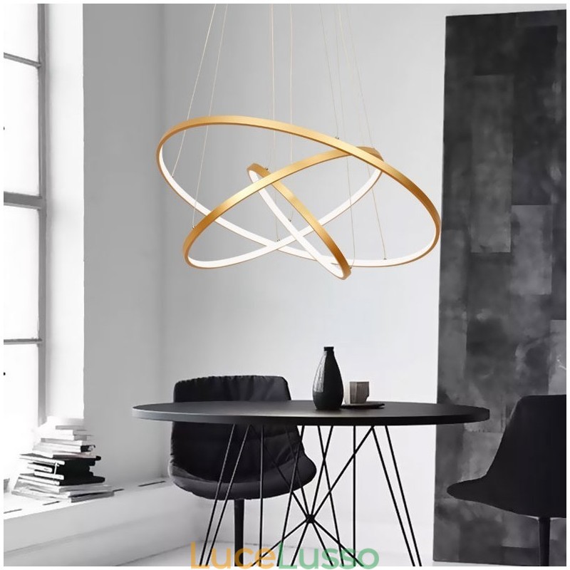 Lampada a sospensione dimmerabile con telecomando, design moderno in oro, tre anelli