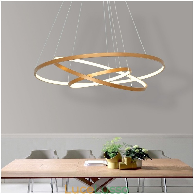 Lampada a sospensione dimmerabile con telecomando, design moderno in oro, tre anelli