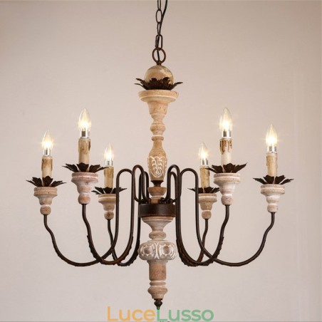Lampadario vintage in legno a 6 luci Lampadario vintage in legno a 6 luci
