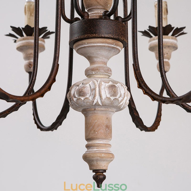 Lampadario vintage in legno a 6 luci