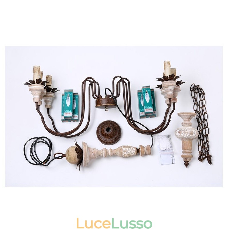 Lampadario vintage in legno a 6 luci