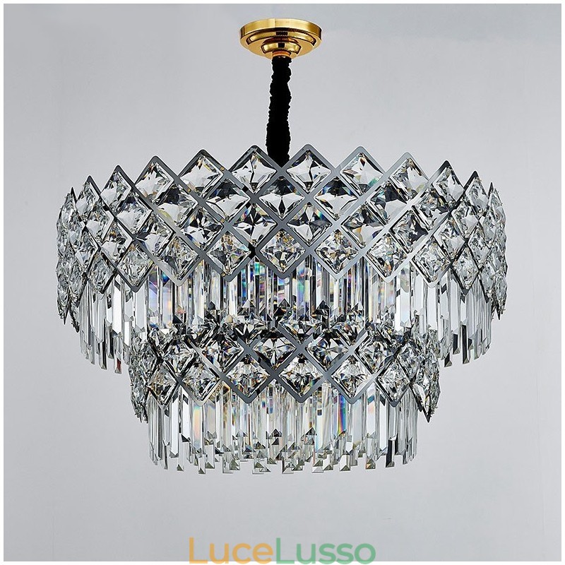 Lampadario a sospensione in cristallo K9 rotondo nero e oro postmoderno di lusso a due livelli