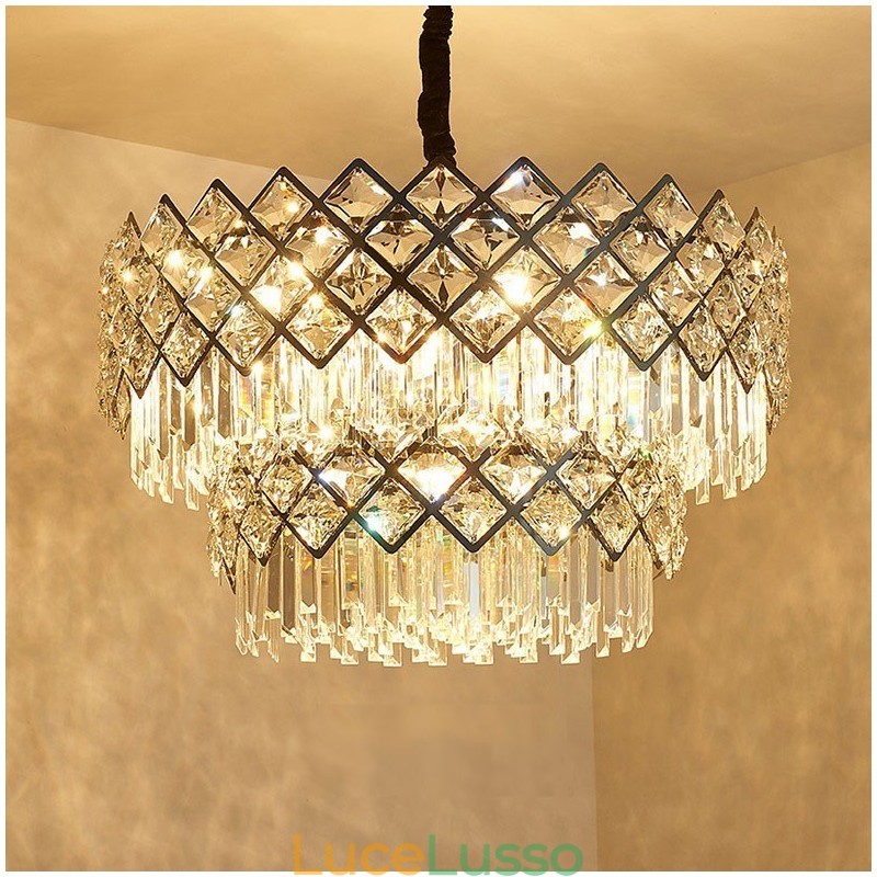 Lampadario a sospensione in cristallo K9 rotondo nero e oro postmoderno di lusso a due livelli