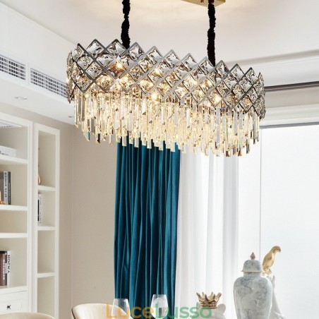 Lampadario di cristallo rotondo K9 in argento postmoderno di lusso Lampadario di cristallo rotondo K9 in argento postmoderno di lusso
