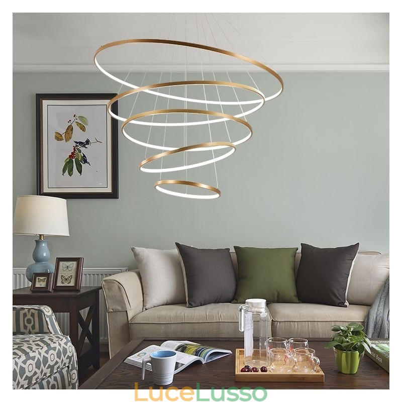 Grande lampada a sospensione 4 anelli 5 anelli nero bianco oro design moderno