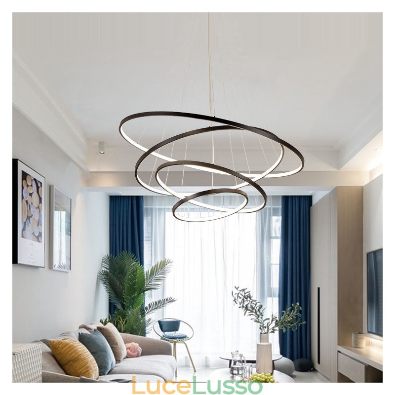 Grande lampada a sospensione 4 anelli 5 anelli nero bianco oro design moderno