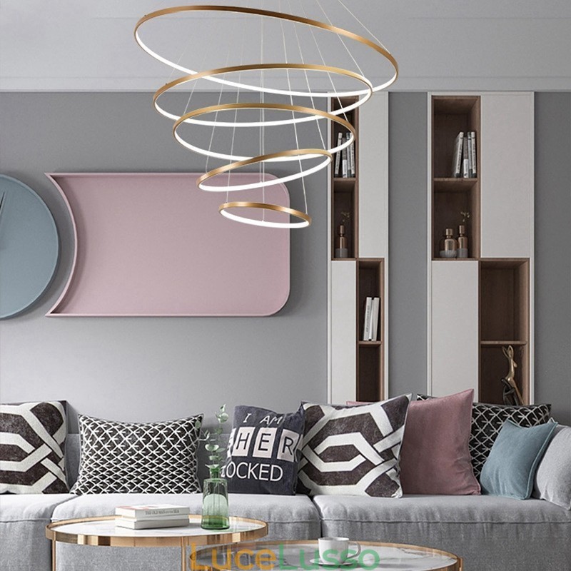 Grande lampada a sospensione 4 anelli 5 anelli nero bianco oro design moderno