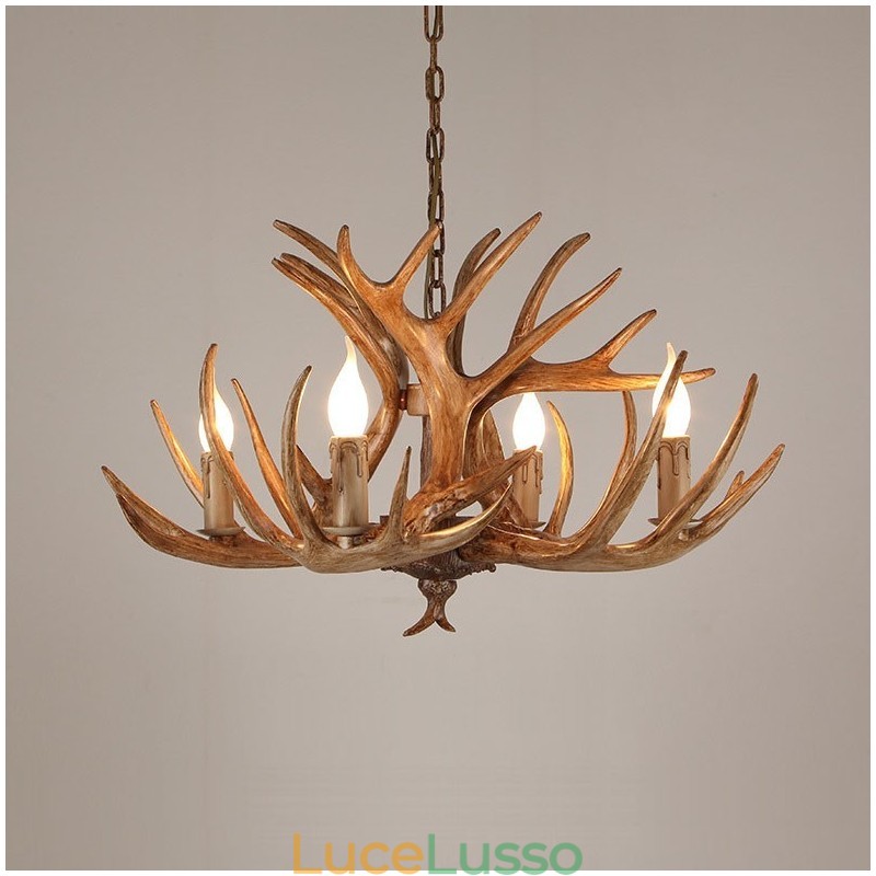 Lampadario antico retrò artistico rustico a 4 luci con corna di cervo
