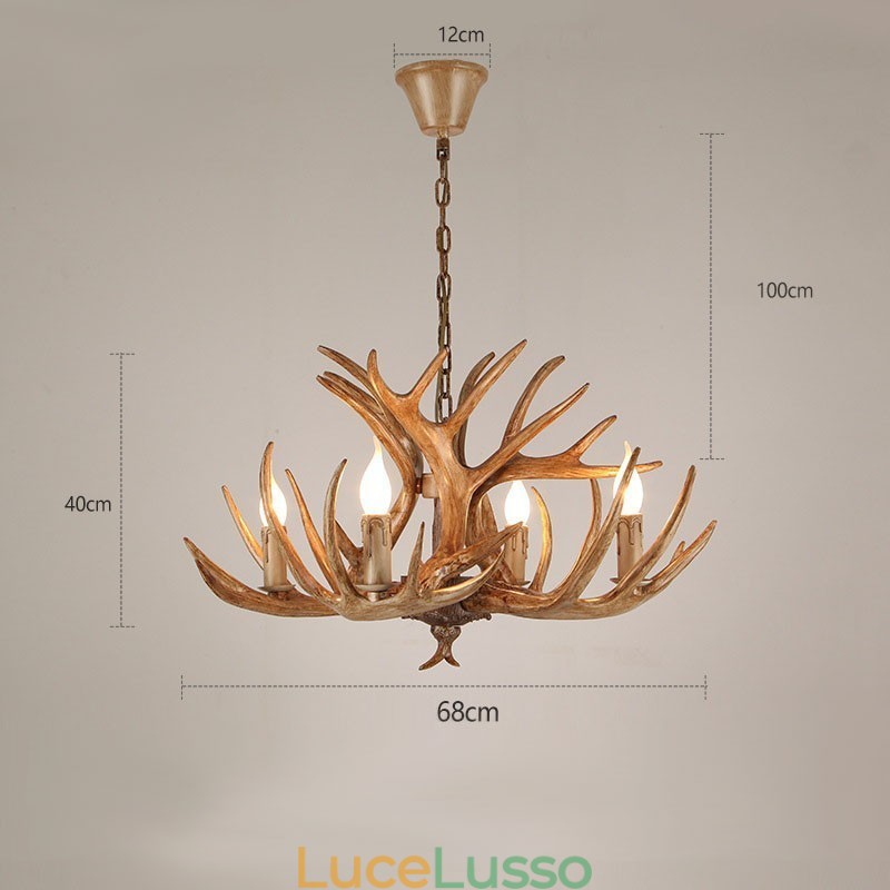 Lampadario antico retrò artistico rustico a 4 luci con corna di cervo
