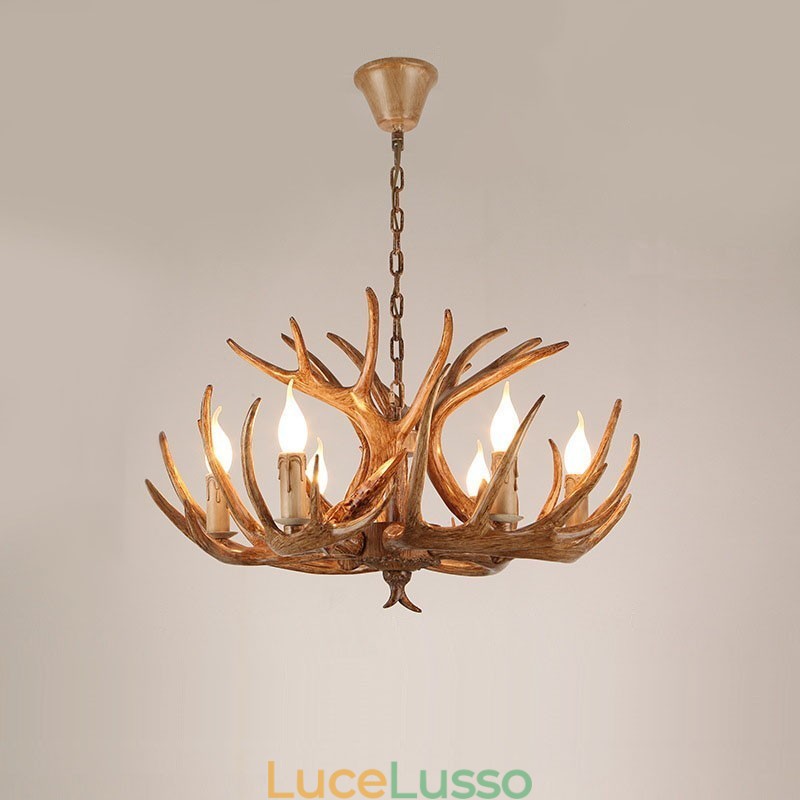 Lampadario antico retrò artistico rustico a 6 luci con corna di cervo