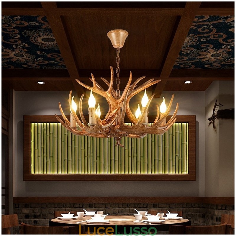 Lampadario antico retrò artistico rustico a 6 luci con corna di cervo