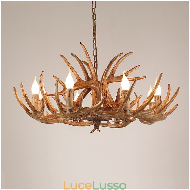 Lampadario antico retrò artistico rustico a 8 luci con corna di cervo