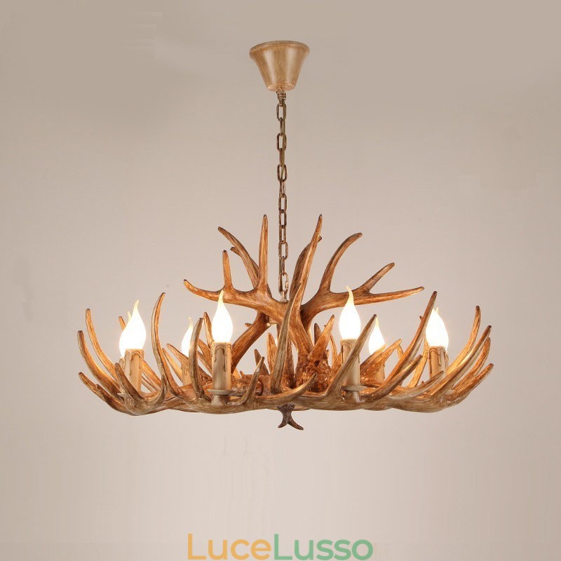 Lampadario antico retrò artistico rustico a due livelli con 9 luci e corna di cervo