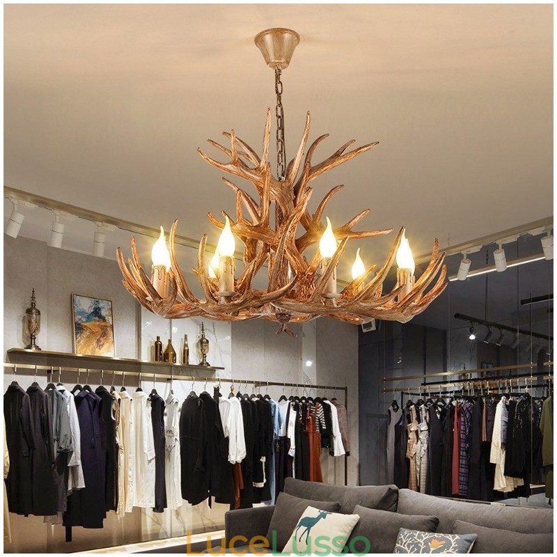 Lampadario antico retrò artistico rustico a tre livelli con 9 luci e corna di cervo