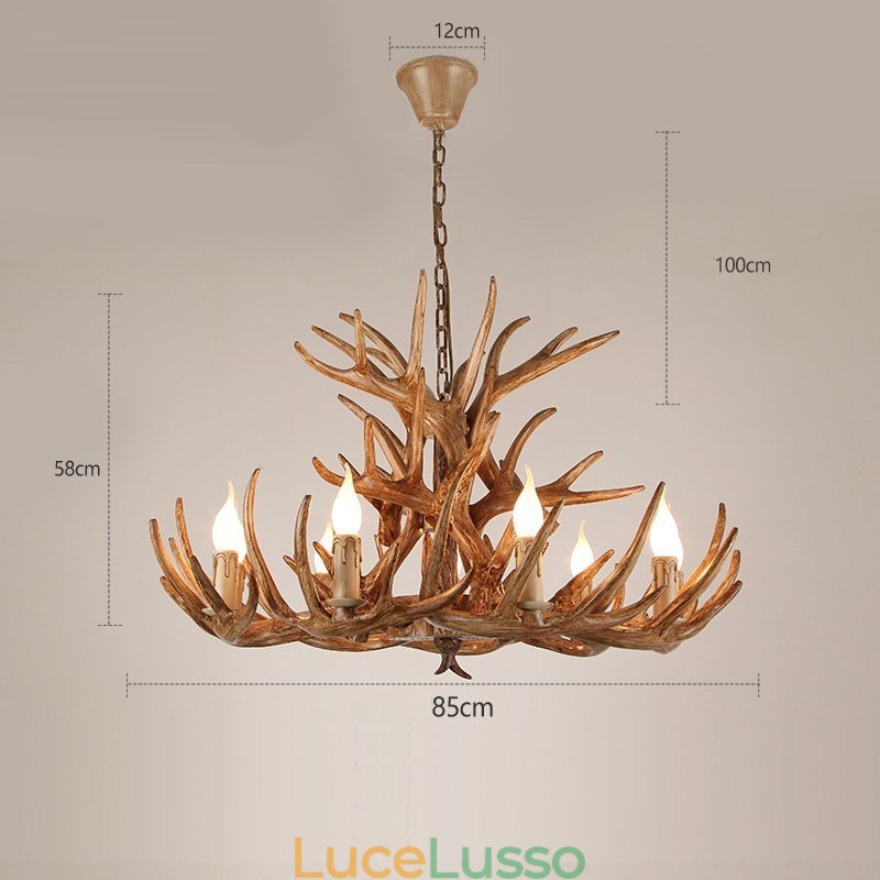 Lampadario antico retrò artistico rustico a tre livelli con 9 luci e corna di cervo
