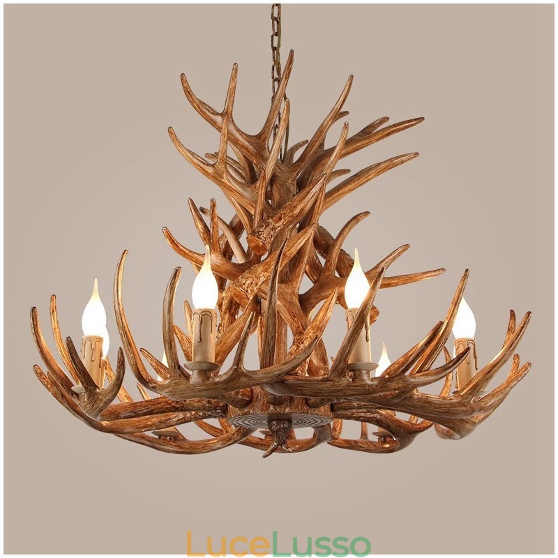Lampadario antico retrò artistico rustico a 9 luci e 4 livelli con corna di cervo